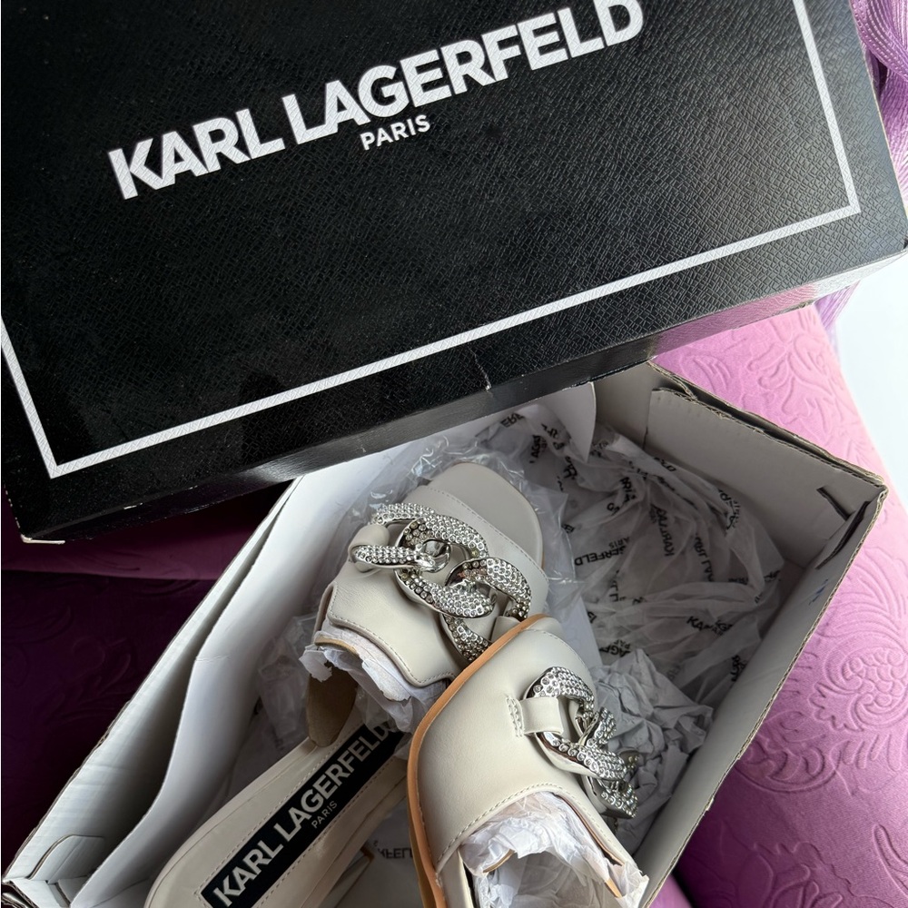 Karl Lagerfeld Women's White Mules with Silver Accents